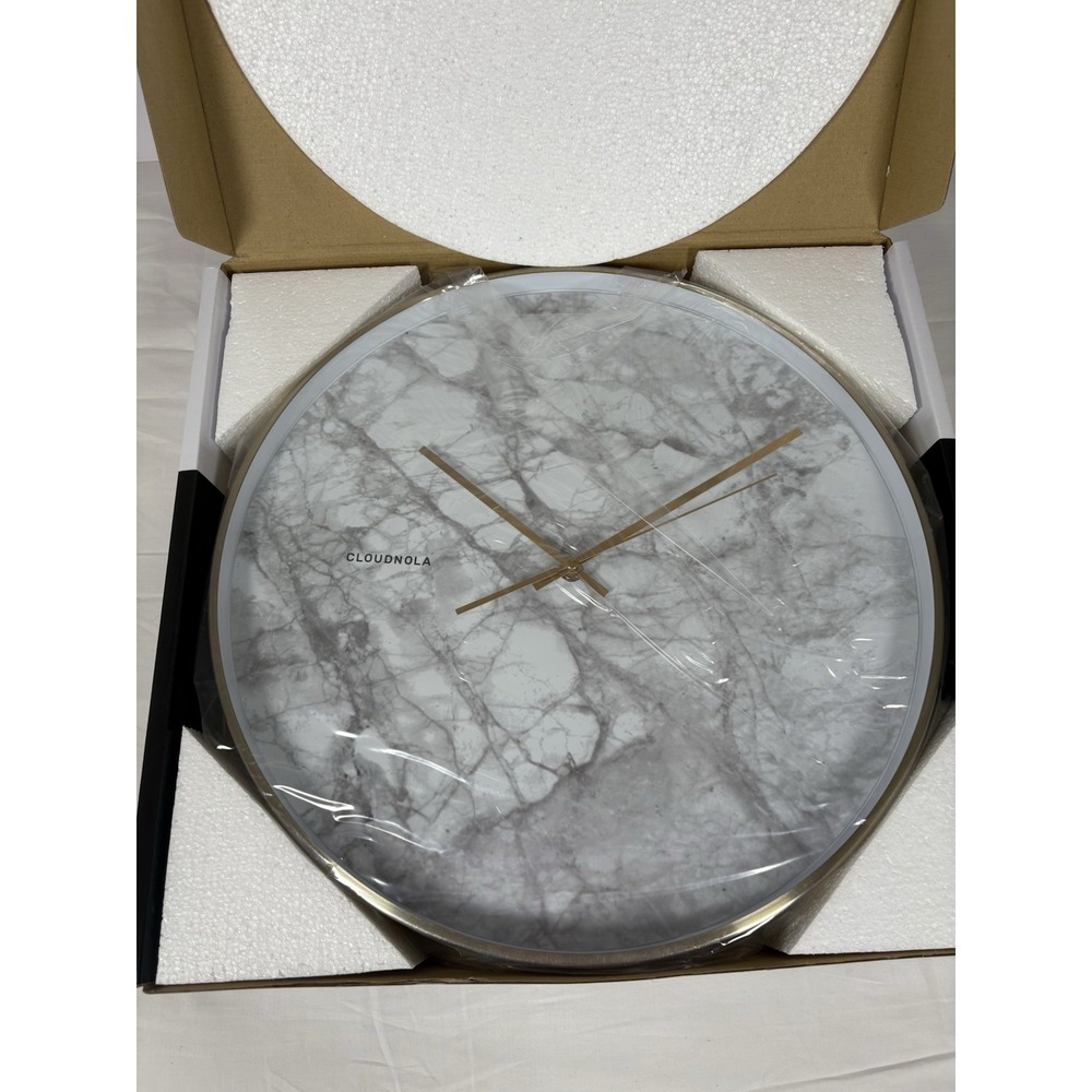 Cloudnola Marble Look Wall Clock White Gray Gold Frame Silent Quartz